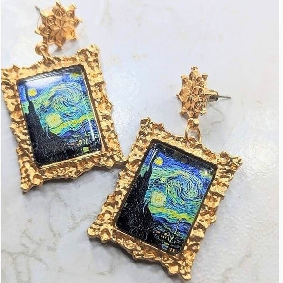 Molliwater Jewelry - New Van Gogh Painting Framed Earrings Gold Starry Night Artwork Dangle Star